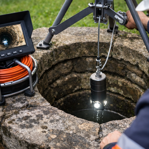 Inspection de puits technique avec caméra sur chantier BTP